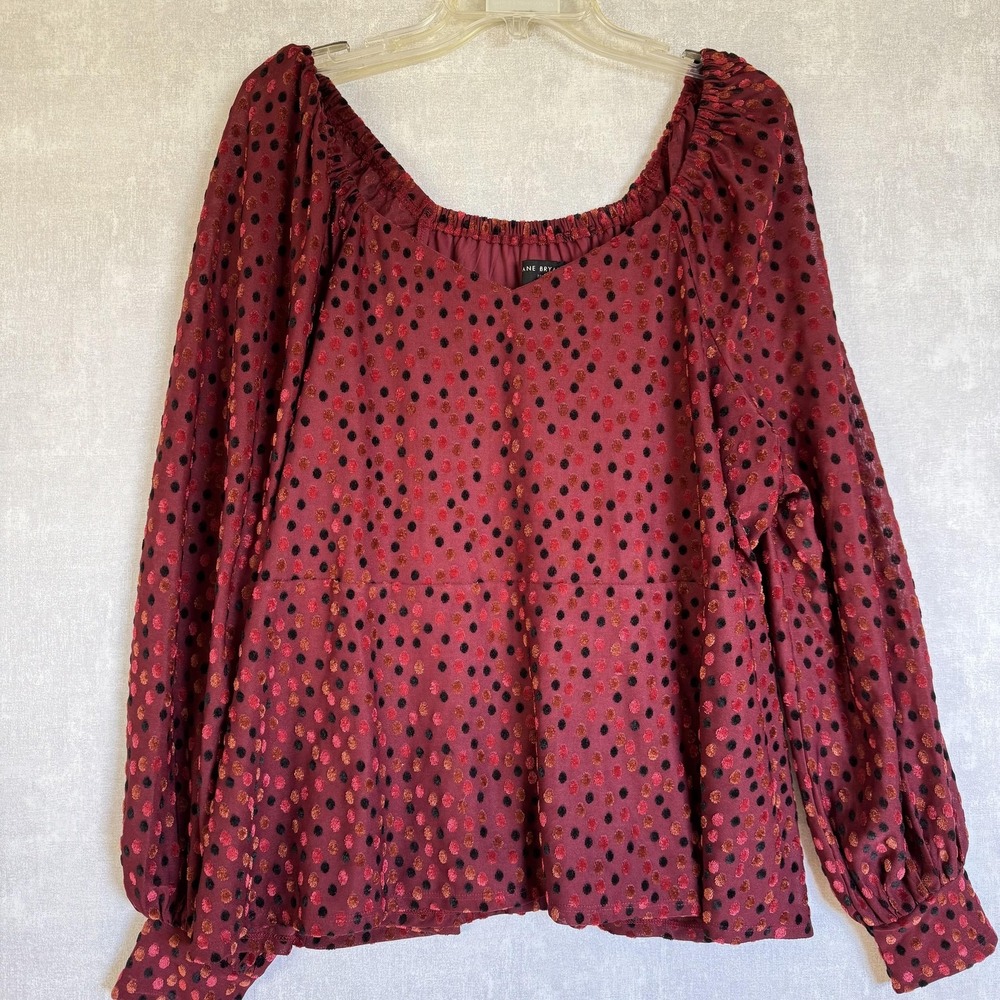 Lane Bryant Blouse Womens 22/24 Burgundy Polka Dot Sheer Lined Long Sleeve Boho